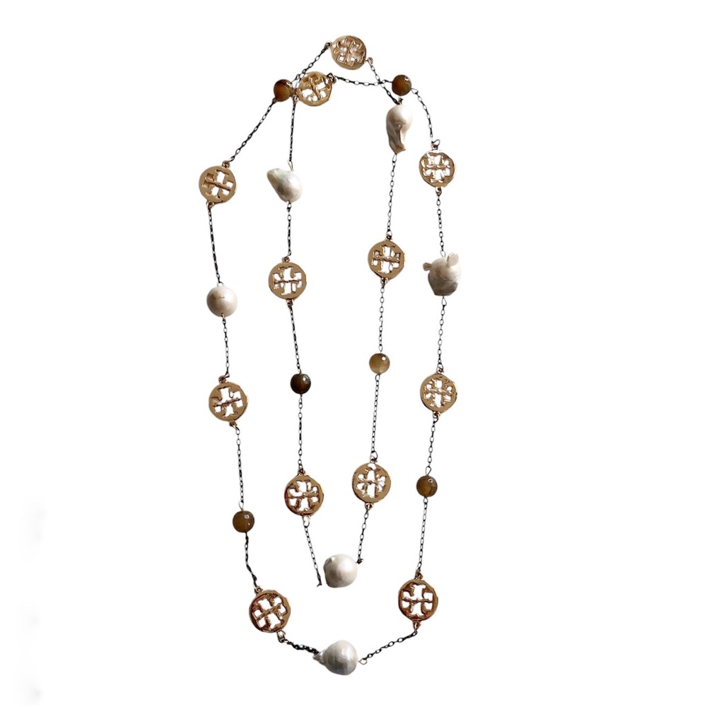 TORY BURCH Logo Pearl Long Necklace Gold Tone 24"
